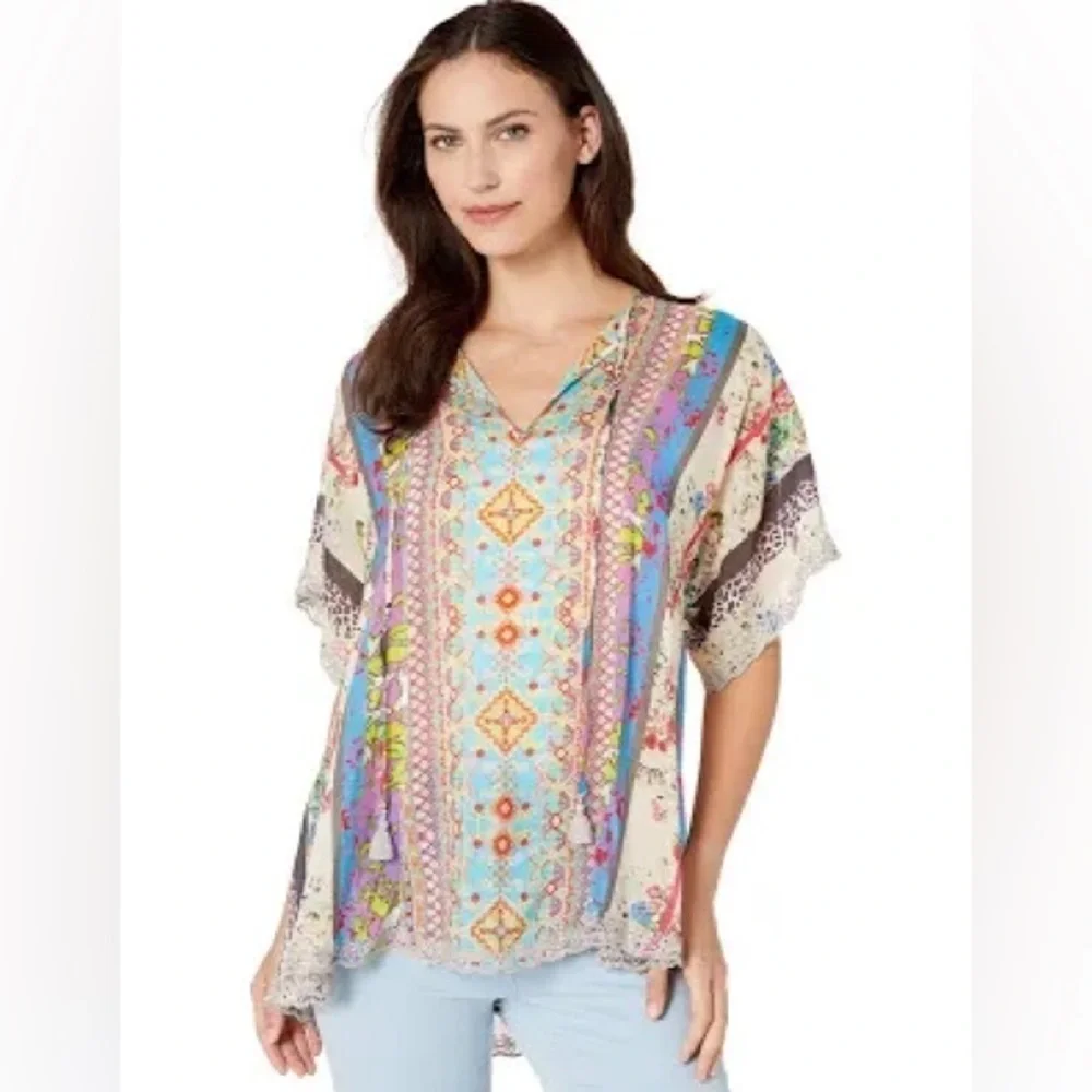 Johnny Was Multicolor Dolman Sleeve Keyhole Tunic Lace Trim, Rayon